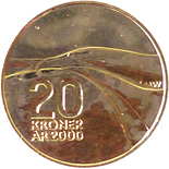 Image of 20 krone coin - Discovery of North America | Norway 2000.  The Nordic gold (CuZnAl) coin is of BU, UNC quality.
