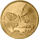 Image of 2 zloty coin - Swallowtail | Poland 2001.  The Nordic gold (CuZnAl) coin is of UNC quality.