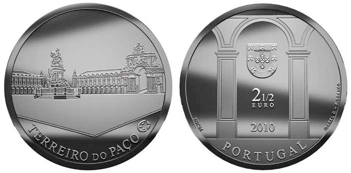 Image of 2.5 euro coin - Terreiro do Paço | Portugal 2010.  The Silver coin is of Proof, UNC quality.