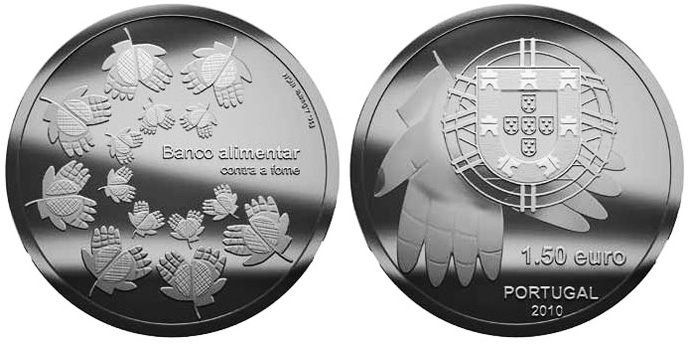 Image of 1.5 euro coin - One Coin One Reason – One Coin Against Hunger | Portugal 2010.  The Silver coin is of Proof, BU, UNC quality.