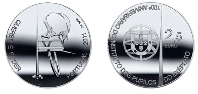 Image of 2.5 euro coin - Centenary of the Pupils of the Army | Portugal 2011.  The Silver coin is of Proof, BU, UNC quality.