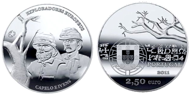 Image of 2.5 euro coin - European Explorers: Hermenegildo Capelo and Roberto Ivens | Portugal 2011.  The Silver coin is of Proof, UNC quality.