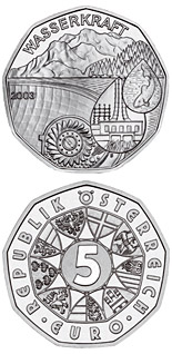 Image of 5 euro coin - Water power | Austria 2003.  The Silver coin is of BU, UNC quality.