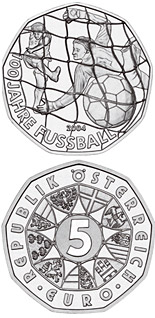 Image of 5 euro coin - 100 Years Football  | Austria 2004.  The Silver coin is of BU, UNC quality.