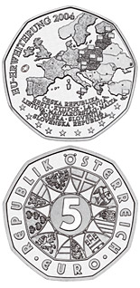 Image of 5 euro coin - EU Enlargement  | Austria 2004.  The Silver coin is of BU, UNC quality.