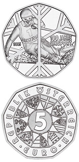 Image of 5 euro coin - 100 Years of Skiing  | Austria 2005.  The Silver coin is of BU, UNC quality.