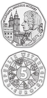 Image of 5 euro coin - 250th Birthday Wolfgang Amadeus Mozart  | Austria 2006.  The Silver coin is of BU, UNC quality.