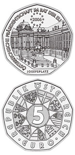 Image of 5 euro coin - EU Presidency  | Austria 2006.  The Silver coin is of BU, UNC quality.