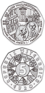 Image of 5 euro coin - 100 Years Universal Male Suffrage  | Austria 2007.  The Silver coin is of BU, UNC quality.