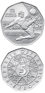 Image of 5 euro coin - Soccer Coin 1 | Austria 2008.  The Silver coin is of BU, UNC quality.
