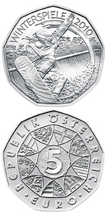 Image of 5 euro coin - Winter Games 2010 Ski-jump | Austria 2010.  The Silver coin is of BU, UNC quality.