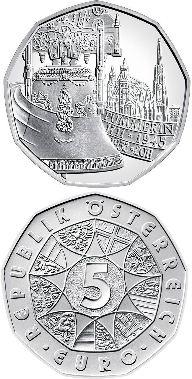 Image of 5 euro coin - The Pummerin Bell 1711-2011 | Austria 2011.  The Silver coin is of BU, UNC quality.