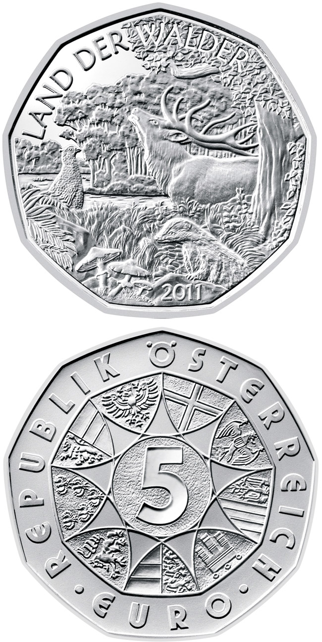 Image of 5 euro coin - Land of forests | Austria 2011.  The Silver coin is of BU, UNC quality.
