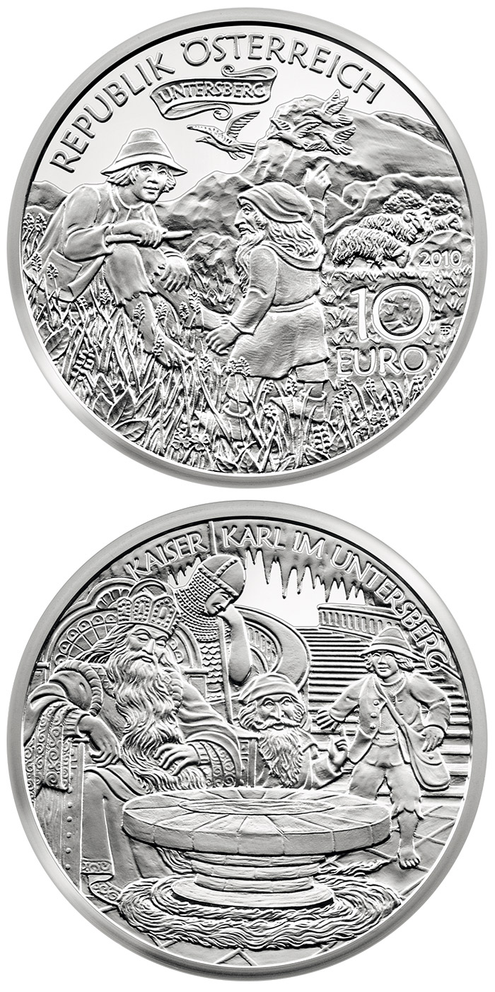 Image of 10 euro coin - Charlemagne in the Untersberg | Austria 2010.  The Silver coin is of Proof quality.