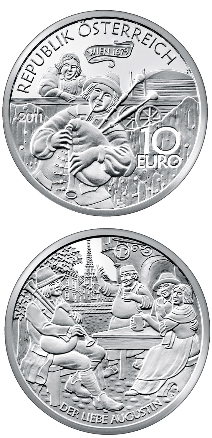Image of 10 euro coin - Der liebe Augustin | Austria 2011.  The Silver coin is of Proof quality.