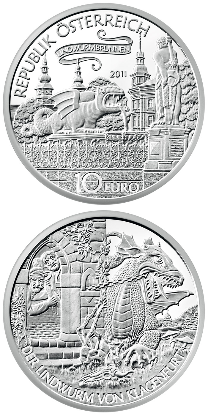 Image of 10 euro coin - The Lindwurm in Klagenfutrt | Austria 2011.  The Silver coin is of Proof quality.