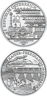 Image of 20 euro coin - Empirior Ferdinand's North Railway | Austria 2007.  The Silver coin is of Proof quality.
