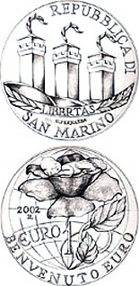 Image of 10 euro coin - Welcome Euro | San Marino 2002.  The Silver coin is of Proof quality.