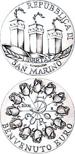 Image of 5 euro coin - Welcome Euro | San Marino 2002.  The Silver coin is of Proof quality.