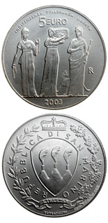 Image of 5 euro coin - Independence, Tolerance and Liberty | San Marino 2003.  The Silver coin is of BU quality.
