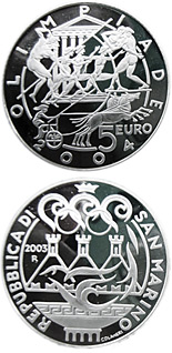 Image of 5 euro coin - Olympics | San Marino 2003.  The Silver coin is of Proof quality.