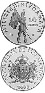 Image of 10 euro coin - The uniformed militia of San Marino | San Marino 2005.  The Silver coin is of Proof quality.
