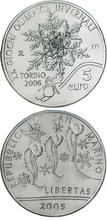 Image of 5 euro coin - Torino 2006 | San Marino 2005.  The Silver coin is of Proof quality.