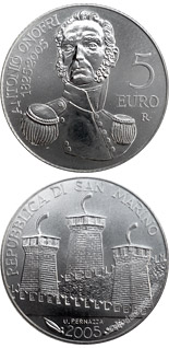Image of 5 euro coin - Antonio Onofri | San Marino 2005.  The Silver coin is of BU quality.