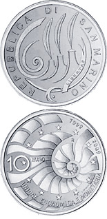 Image of 10 euro coin - 10th Anniversary of introduction of European monetary union and euro | San Marino 2009.  The Silver coin is of Proof quality.