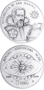 Image of 5 euro coin - 400th Anniversary of the compilation of Johannes Kepler's Astronomia Nova Treaty | San Marino 2009.  The Silver coin is of Proof quality.