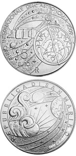 Image of 5 euro coin - International year of astronomy 2009 | San Marino 2009.  The Silver coin is of BU quality.