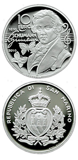 Image of 10 euro coin - 200th Anniversary of the birth of Robert Schuman | San Marino 2010.  The Silver coin is of Proof quality.