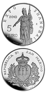 Image of 5 euro coin - Expo Shanghai 2010 | San Marino 2010.  The Silver coin is of Proof quality.