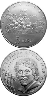 Image of 5 euro coin - 200th Anniversary of the death of Caravaggio | San Marino 2010.  The Silver coin is of BU quality.
