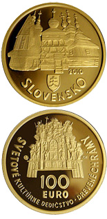 Image of 100 euro coin - UNESCO World Heritage – Wooden Temples in the Slovak Part of the Carpathian Arch  | Slovakia 2010.  The Gold coin is of Proof quality.