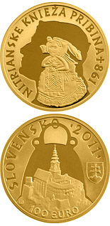 Image of 100 euro coin - Ruler of the Nitrian Principality Pribina  - the 1150th anniversary of the death  | Slovakia 2011.  The Gold coin is of Proof quality.