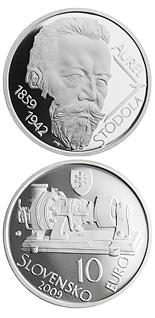 Image of 10 euro coin - Aurel Stodola - the 150th anniversary of the birth  | Slovakia 2009.  The Silver coin is of Proof, BU quality.