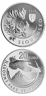 Image of 20 euro coin - Protection of Nature and Landscape - Veľká Fatra National Park  | Slovakia 2009.  The Silver coin is of Proof, BU quality.