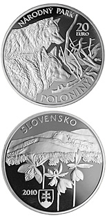 Image of 20 euro coin - Protection of Nature and Landscape - Poloniny National Park  | Slovakia 2010.  The Silver coin is of Proof, BU quality.