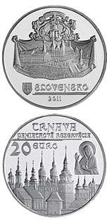Image of 20 euro coin - Historical Preservation Area of Trnava  | Slovakia 2011.  The Silver coin is of Proof, BU quality.