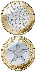 Image of 3 euro coin - Presidency of the European Union | Slovenia 2008.  The Bimetal: CuNi, nordic gold coin is of UNC quality.