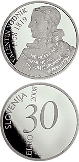 Image of 30 euro coin - 250th anniversary of the birth of Valentin Vodnik | Slovenia 2008.  The Silver coin is of Proof quality.