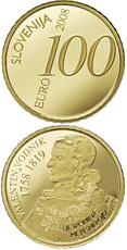 Image of 100 euro coin - 250th anniversary of the birth of Valentin Vodnik | Slovenia 2008.  The Gold coin is of Proof quality.