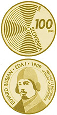 Image of 100 euro coin - The centenary of the first flight by a powered aircraft over Slovenia  | Slovenia 2009.  The Gold coin is of Proof quality.