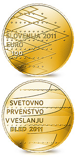 Image of 100 euro coin - World Rowing Championships Bled 2011 | Slovenia 2011.  The Gold coin is of Proof quality.