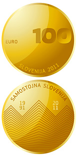 Image of 100 euro coin - 20th anniversary of Slovenia's independence | Slovenia 2011.  The Gold coin is of Proof quality.