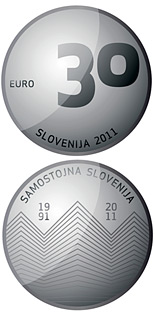 Image of 30 euro coin - 20th anniversary of Slovenia's independence | Slovenia 2011.  The Silver coin is of Proof quality.