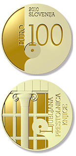 Image of 100 euro coin - World Book Capital City | Slovenia 2010.  The Gold coin is of Proof quality.