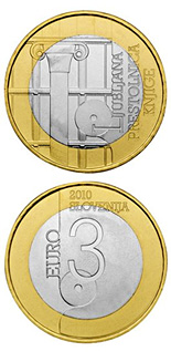 Image of 3 euro coin - World Book Capital City | Slovenia 2010.  The Bimetal: CuNi, nordic gold coin is of UNC quality.