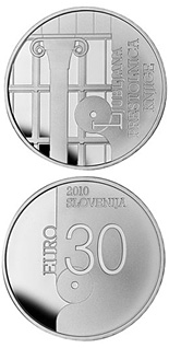 Image of 30 euro coin - World Book Capital City | Slovenia 2010.  The Silver coin is of Proof quality.
